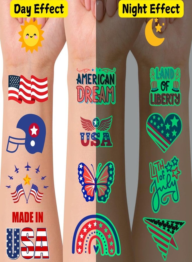 Backtopeia 4th of July Temporary Tattoos Luminous 4th of July Decorations Favors Party Supplies Accessories American USA Independence Day Memorial Labor Day Fourth of July Red White Blue Glow in Dark Patriotic - Image 4
