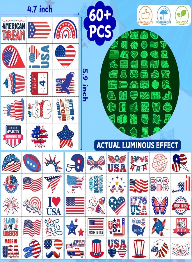 Backtopeia 4th of July Temporary Tattoos Luminous 4th of July Decorations Favors Party Supplies Accessories American USA Independence Day Memorial Labor Day Fourth of July Red White Blue Glow in Dark Patriotic - Image 5