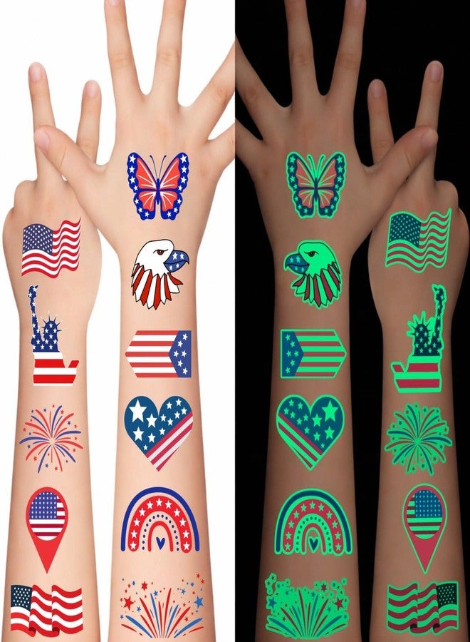Backtopeia 4th of July Temporary Tattoos Luminous 4th of July Decorations Favors Party Supplies Accessories American USA Independence Day Memorial Labor Day Fourth of July Red White Blue Glow in Dark Patriotic - Image 1