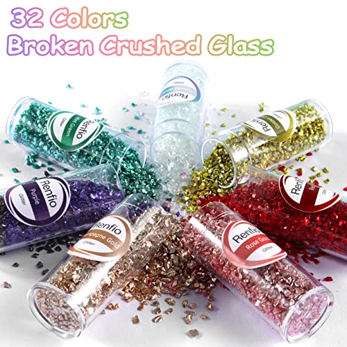 Renfio 32 Colors Broken Crushed Glass Glitter Set, 22.57oz 640g Glitter Shards 2-4mm Irregular Metallic Glass Chips Crystal Chunky Flakes Sequins Gravel for Resin Craft Supplies, Jewelry Making, Nail - Image 2