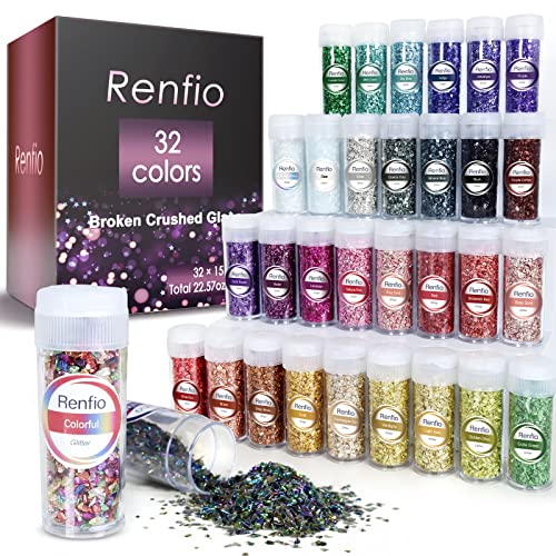 Renfio 32 Colors Broken Crushed Glass Glitter Set, 22.57oz 640g Glitter Shards 2-4mm Irregular Metallic Glass Chips Crystal Chunky Flakes Sequins Gravel for Resin Craft Supplies, Jewelry Making, Nail - Image 1