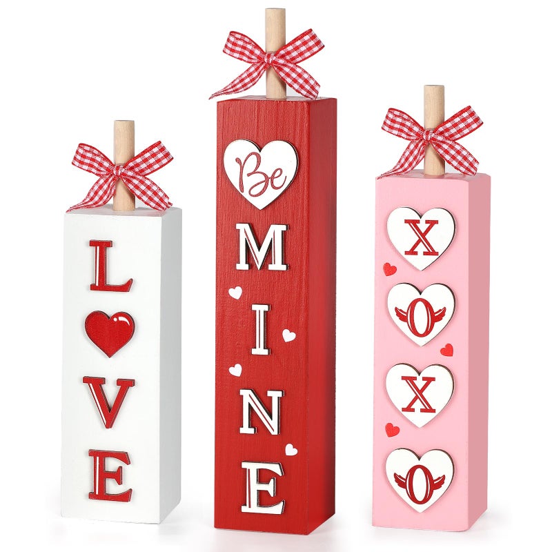 Sophena 3Pcs Valentine's Day Table Decorations for Home Indoor Wooden Valentine Table Centerpiece Block Sign Wood Love Tiered Tray Tabletop Decor for Office Desk Shelf Wedding Anniversary Party Supplies Heart - Image 1