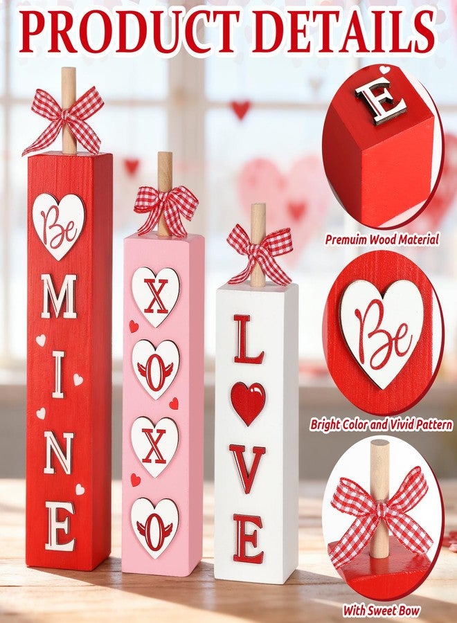 Sophena 3Pcs Valentine's Day Table Decorations for Home Indoor Wooden Valentine Table Centerpiece Block Sign Wood Love Tiered Tray Tabletop Decor for Office Desk Shelf Wedding Anniversary Party Supplies Heart - Image 2