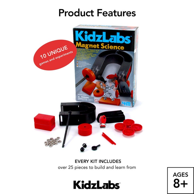 Toysmith مجموعة علوم المغناطيس 4M - 10 تجارب وألعاب مغناطيسية (أكثر من 25 قطعة للبناء والتعلم من STEM) - شغل المتسابق بمغناطيس، علق مغناطيس، يخت مغناطيسي وصيد، للأولاد والبنات، العمر 8 سنوات وما فوق - Image 2