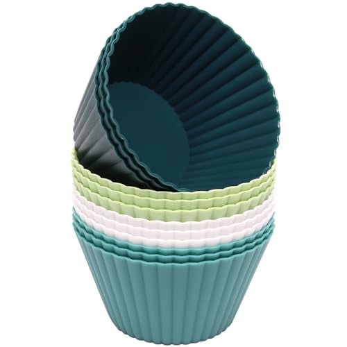 Pharamat Extra Large Silicone Cupcake Muffin Cups 12 Pcs, 3.54 Inch Muffin Liners, Reusable Jumbo Silicone Baking Cups Easy to Clean, Great for Cupcake, Mousse(3 Green, White) - Image 1