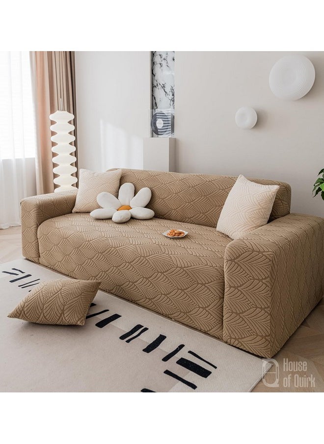 HOUSE OF QUIRK House of Quirk Universal Single Seater 220 GSM Jacquard Leaf Texture Fabric Sofa Cover Soft Touching Cover for Couch Flexible Stretch Sofa Slipcover (Camel, 90-140cm)  - Image 1