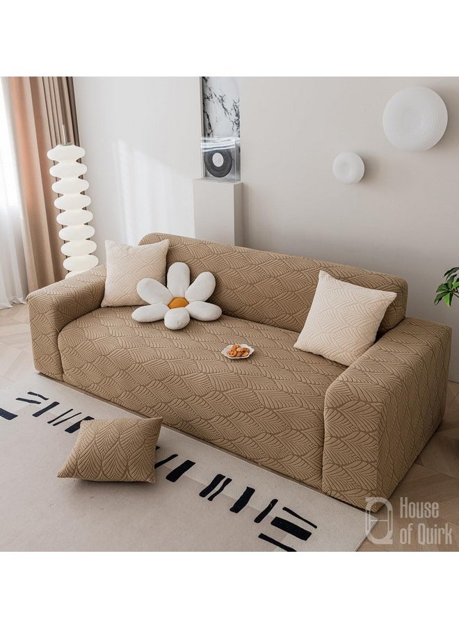 HOUSE OF QUIRK House of Quirk Universal Single Seater 220 GSM Jacquard Leaf Texture Fabric Sofa Cover Soft Touching Cover for Couch Flexible Stretch Sofa Slipcover (Camel, 90-140cm)  - Image 3