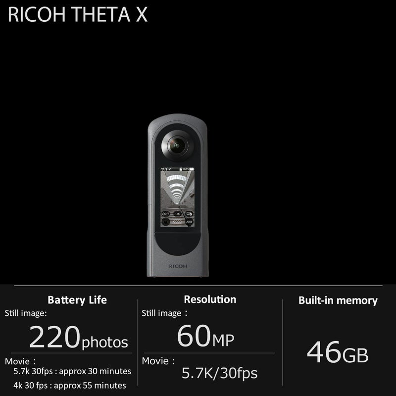 Ricoh Theta X 360° Camera - 11K High-Resolution (60 Megapixels), 5.7K Video, OLED Touch Screen, Built-in GPS, Interchangeable Battery, External Memory - Image 2