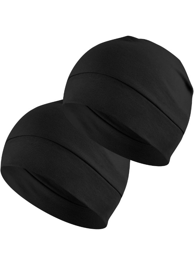 شابية عبوة من قطعتين من قبعات الجمجمة القطنية للرجال والنساء، قبعات نوم خفيفة الوزن قابلة للتهوية، تمتص العرق أثناء ركوب الدراجات والجري وتساقط الشعر الكيميائي (أسود *2) - Image 1