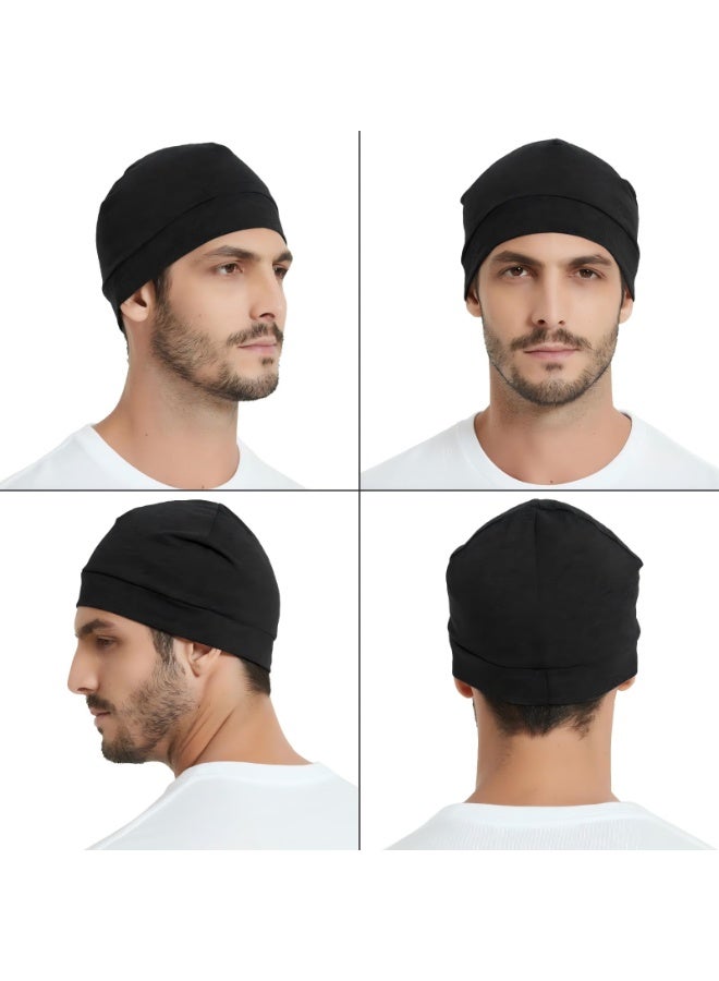 شابية عبوة من قطعتين من قبعات الجمجمة القطنية للرجال والنساء، قبعات نوم خفيفة الوزن قابلة للتهوية، تمتص العرق أثناء ركوب الدراجات والجري وتساقط الشعر الكيميائي (أسود *2) - Image 3