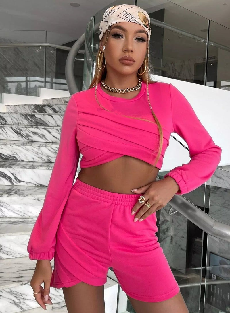 Solid Wrap Ruched Crop Top & Shorts - Image 5