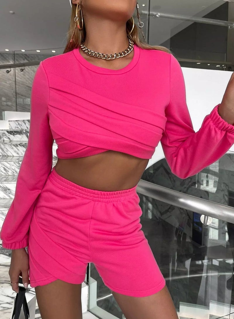 Solid Wrap Ruched Crop Top & Shorts - Image 3