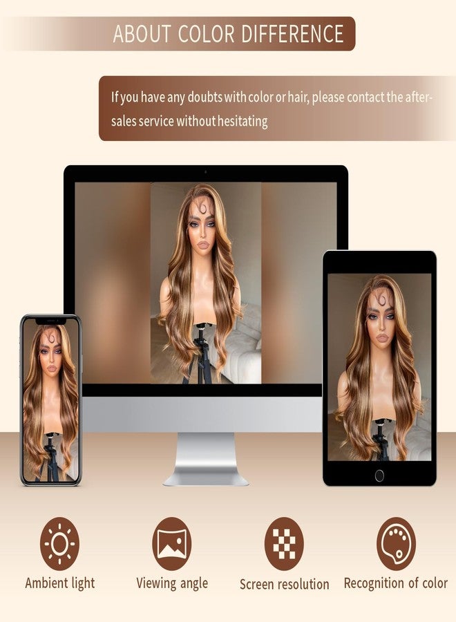 BrownBomb Honey Blonde Lace Front Body Wave Synthetic Pre Plucked Glueless Wig for Women, 4/27 Highlight Ombre Honey Blonde 13x5x1 Side Part 24inch Bombshell Wig - Image 5
