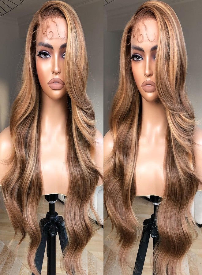 BrownBomb Honey Blonde Lace Front Body Wave Synthetic Pre Plucked Glueless Wig for Women, 4/27 Highlight Ombre Honey Blonde 13x5x1 Side Part 24inch Bombshell Wig - Image 1