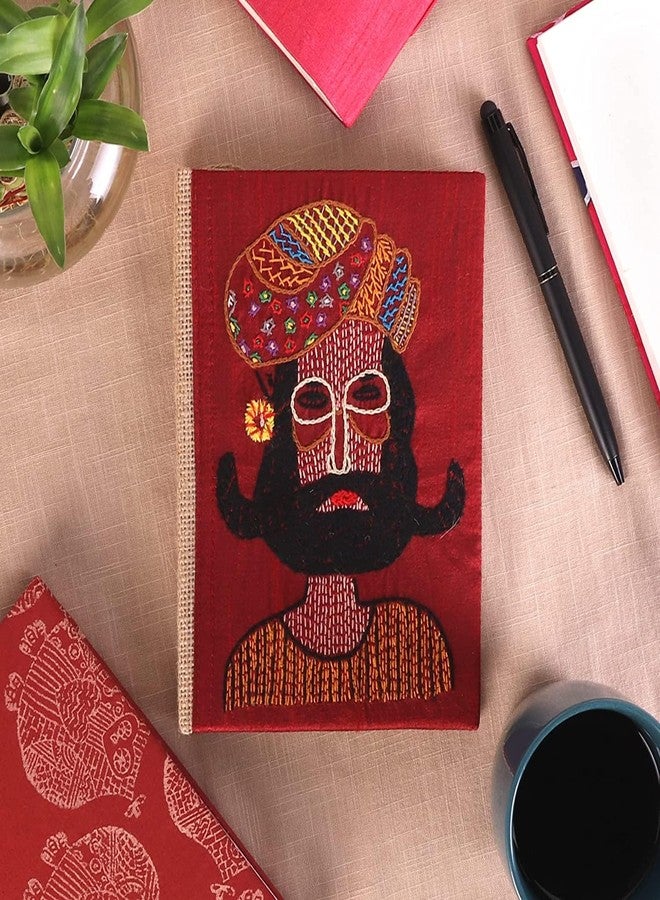 INDHA Hand-Embroidered Jute & Dupion Silk Diary – 5x7 Inches, Luxurious Rajput Warrior Design, Eco-Friendly 100 GSM Recycled Paper, Elegant Gift Choice (Maroon-DRMEJD) - Image 1