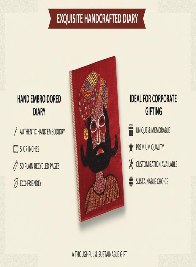 INDHA Hand-Embroidered Jute & Dupion Silk Diary – 5x7 Inches, Luxurious Rajput Warrior Design, Eco-Friendly 100 GSM Recycled Paper, Elegant Gift Choice (Maroon-DRMEJD) - Image 2