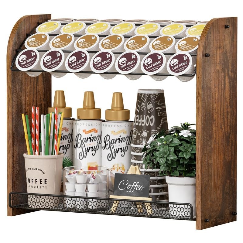Lixple K Cup Holder - 2-Tier K Cup Organizer, Metal Coffee Pod Holder for Counter, Easy Assembly (Rustic Brown) - Image 1