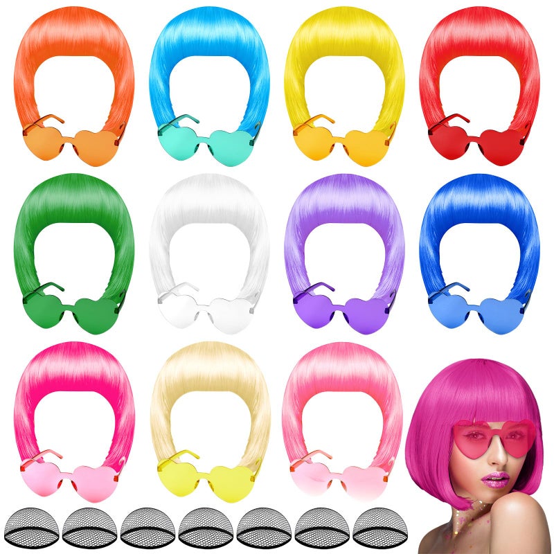 PLULON 12Pieces Colorful Wigs, Party Wigs and Sunglass Set, Neon Short Bob Wig Sunglass Pack Costume Colorful Cosplay Wig Daily Party Hairpieces Bachelorette Halloween Costume - Image 1