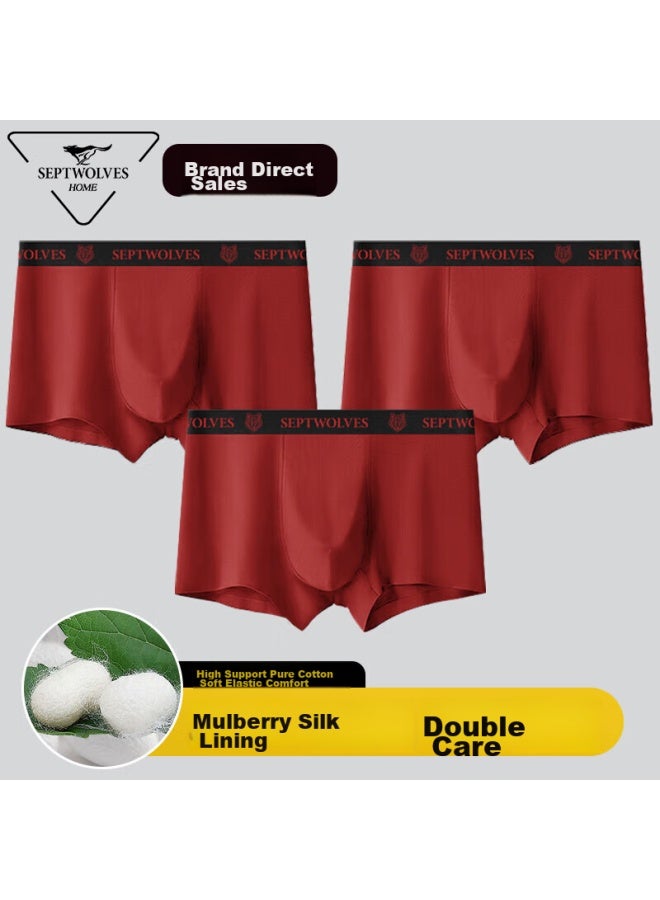 Septwolves Men's Underwear, Pure Cotton Breathable Boxer Briefs, Double-layer Silk Inner Lining, Four-corner Shorts, Zodiac Year, Youth Luxury, Wine Red - Image 1