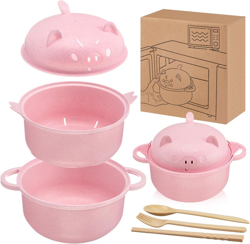 Romooa Large 45oz Ramen Noodle Bowl Microwavable Cute Pig Ramen Cooker Wheat Straw Microwave Bowl with Strainer Lid Handle Spoon Chopsticks Fork Gift for Home Dorm College OfficePink - Image 1