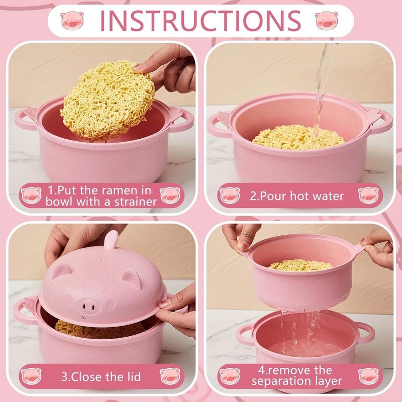 Romooa Large 45oz Ramen Noodle Bowl Microwavable Cute Pig Ramen Cooker Wheat Straw Microwave Bowl with Strainer Lid Handle Spoon Chopsticks Fork Gift for Home Dorm College OfficePink - Image 4