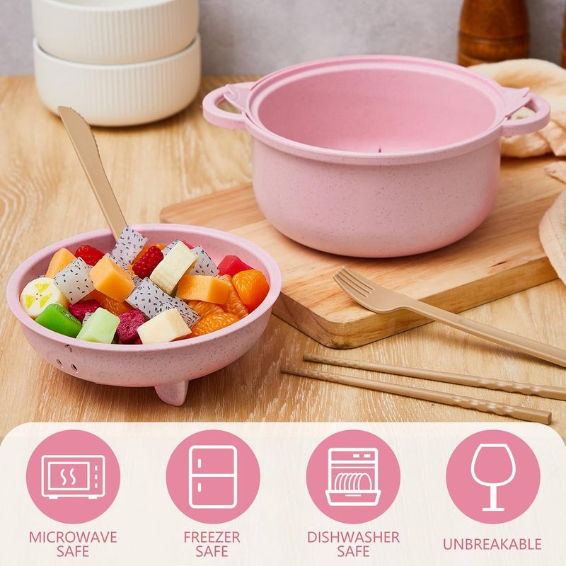 Romooa Large 45oz Ramen Noodle Bowl Microwavable Cute Pig Ramen Cooker Wheat Straw Microwave Bowl with Strainer Lid Handle Spoon Chopsticks Fork Gift for Home Dorm College OfficePink - Image 5