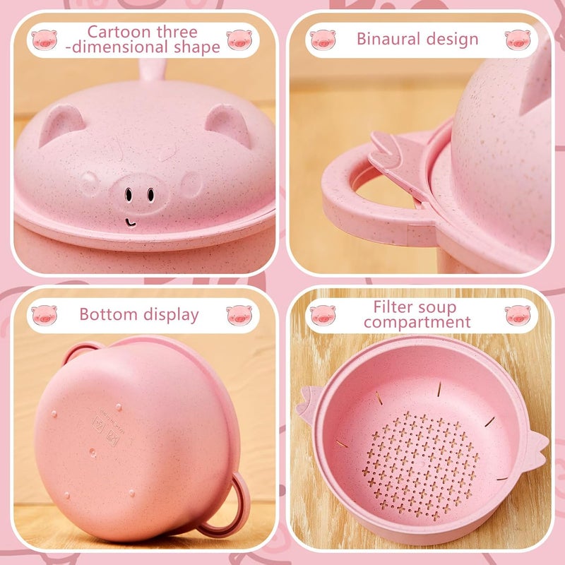 Romooa Large 45oz Ramen Noodle Bowl Microwavable Cute Pig Ramen Cooker Wheat Straw Microwave Bowl with Strainer Lid Handle Spoon Chopsticks Fork Gift for Home Dorm College OfficePink - Image 3