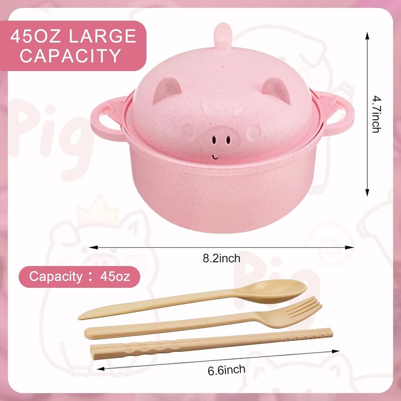 Romooa Large 45oz Ramen Noodle Bowl Microwavable Cute Pig Ramen Cooker Wheat Straw Microwave Bowl with Strainer Lid Handle Spoon Chopsticks Fork Gift for Home Dorm College OfficePink - Image 2