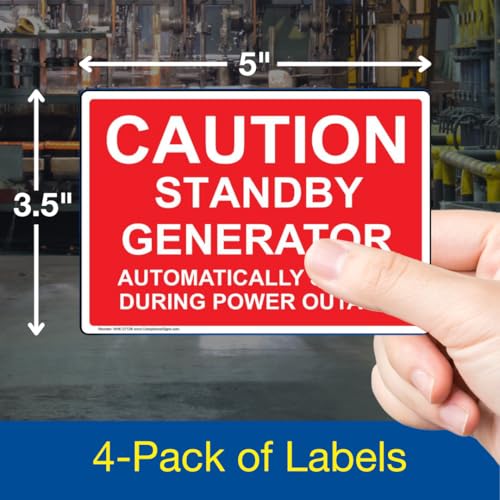 ComplianceSigns.com Caution Standby Generator Automatically Starts Label Decal, 5x3.5 in. 4-Pack Vinyl for Electrical Industrial Notices Red - Image 2