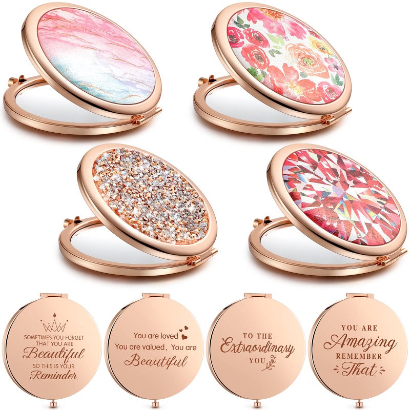 Chunful 4 Pcs Floral Pocket Mirror for Women Bulk Rhinestone Rose Gold Compact Mirror Vintage Engraved Pocket Makeup Double Sided with 1x2x Magnifying for Bridesmaid Wedding Gifts