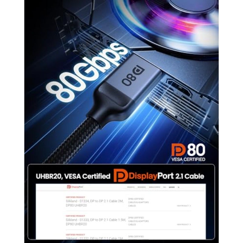 كابل عرض من سيلك لاند بسرعة 80 جيجابت في الثانية من نوع DisplayPort 2.1 [معتمد من VESA] [دقة 8K عند 240 هرتز، 4K عند 540 هرتز، 360 هرتز، 240 هرتز]، كابل DP 2.1، يدعم 16K، DP80، HDR، DSC، متوافق مع FreeSync و G-Sync، لمونيتور ألعاب، 5090، 7900XTX، بطول 0.5 م - Image 4