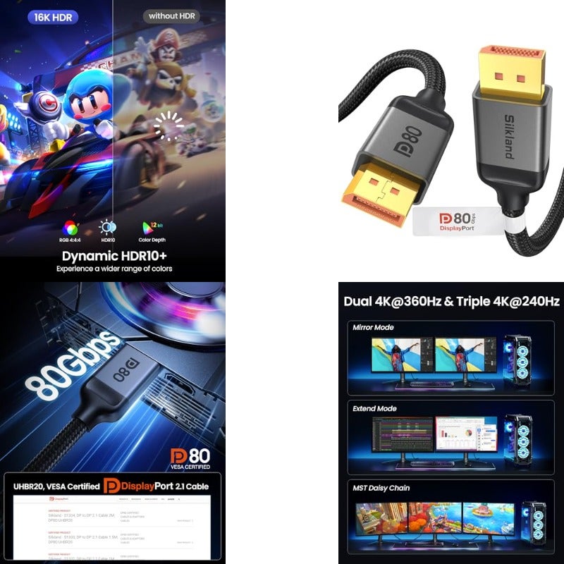 كابل عرض من سيلك لاند بسرعة 80 جيجابت في الثانية من نوع DisplayPort 2.1 [معتمد من VESA] [دقة 8K عند 240 هرتز، 4K عند 540 هرتز، 360 هرتز، 240 هرتز]، كابل DP 2.1، يدعم 16K، DP80، HDR، DSC، متوافق مع FreeSync و G-Sync، لمونيتور ألعاب، 5090، 7900XTX، بطول 0.5 م - Image 1