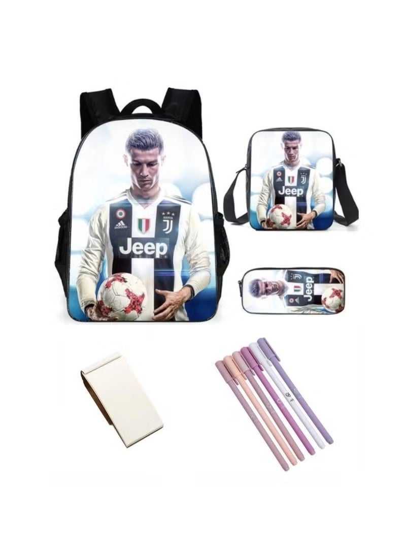 Juventus Kids School Bags Set of 3 With Lunch Bag And Pencil Case C-Ronaldo Casual Backpack For Teen Boys Girls, Soccer - Image 1