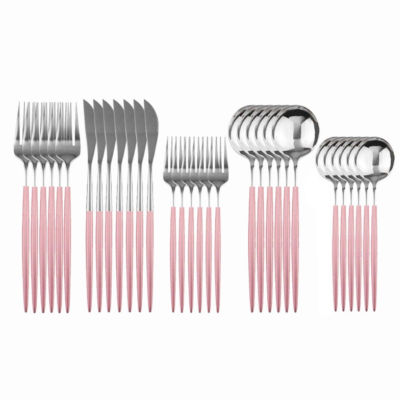 Uniturcky Silverware Set  30 Piece Family Dinnerware Set  Flatware Set Service For 6  Pink Silver Tableware Sets  Cutlery Great For Family Gatherings  Daily Use  Spoons Knives Forks