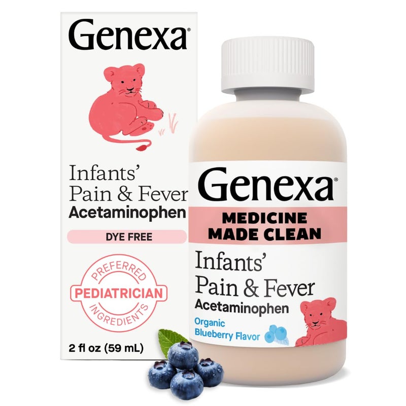 Genexa Infants’ Clean Pain & Fever Acetaminophen, Dye Free, 0% Artificial Additives, Delicious Organic Blueberry Flavor, Liquid Oral Suspension Medicine for Baby, 160 mg per 5mL, 2 fl oz - Image 1