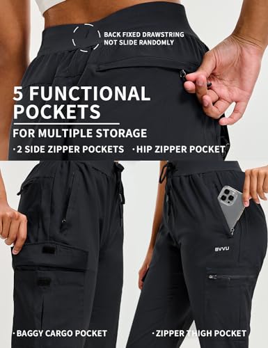 BVVU Women's Hiking Pants Lightweight Quick Dry Travel Outdoor Pants Waterproof Work Cargo Joggers with Zipper Pockets Black - Image 3