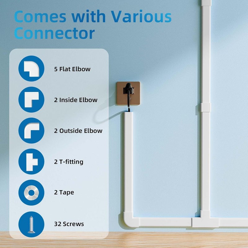 Yecaye 235in Wall Cord Hider for 3-4 Cords, On-Wall Cord Cover Channel, Long Cable Concealer, Cable Cover Cords Management for Home Office, W1.18in H0.63in, White - Image 3