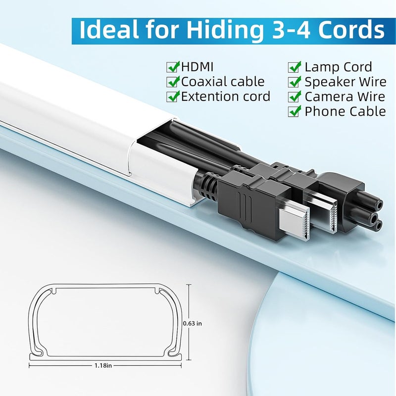 Yecaye 235in Wall Cord Hider for 3-4 Cords, On-Wall Cord Cover Channel, Long Cable Concealer, Cable Cover Cords Management for Home Office, W1.18in H0.63in, White - Image 2