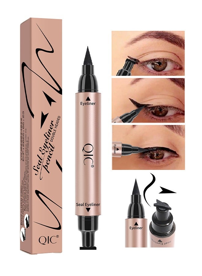 كيو اي سي قلم تحديد الختم قلم رصاص مزدوج الرأس ، كحل سائل ختم الجناح بطانة الأزرق المجنح كحل طوابع لعيون القط طويلة الأمد سوبر نحيف دقيقة شعر تلميح السائل مزدوج الرأس بطانة العيون أدوات الوشم 3.5 جرام 1 # أسود - Image 1