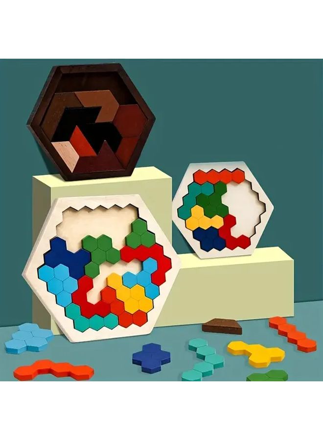 Small 3D Hexagonal Wooden Puzzles Educational Tangram Games For Kids Brain IQ Gifts - Image 3