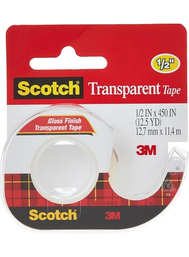 ثري ام شريط لاصق شفاف من سكوتش على موزع، نصف × ٤٥٠ بوصة (١٢ مم × ١١.٤٣ متر)، لفة واحدة/موزع | شريط شفاف | لاصق قوي | دائم | تغليف، إغلاق، وإصلاح | شريط لاصق | موزع شريط لاصق - Image 1