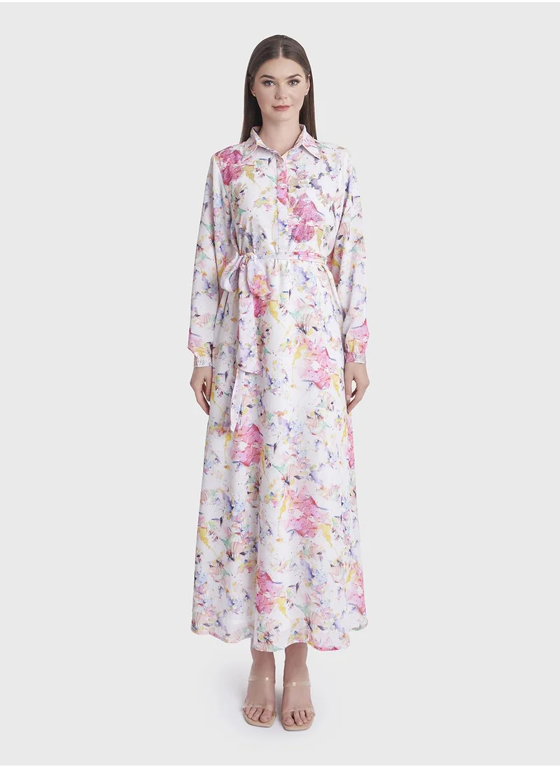 كشخة Water Color Abstract Print Shirt Dress