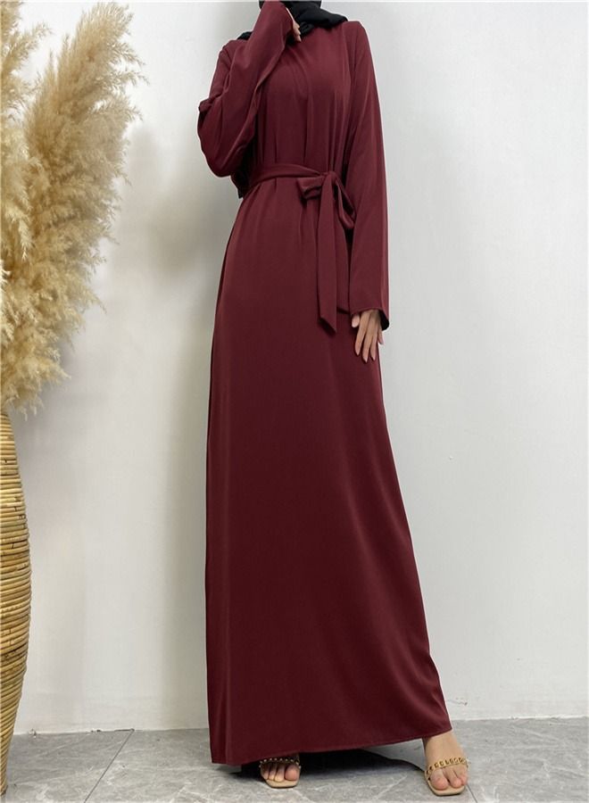 Loquat Lace-Up Pocket Muss Solid Color Dress Abaya Purplish Red  - Image 1