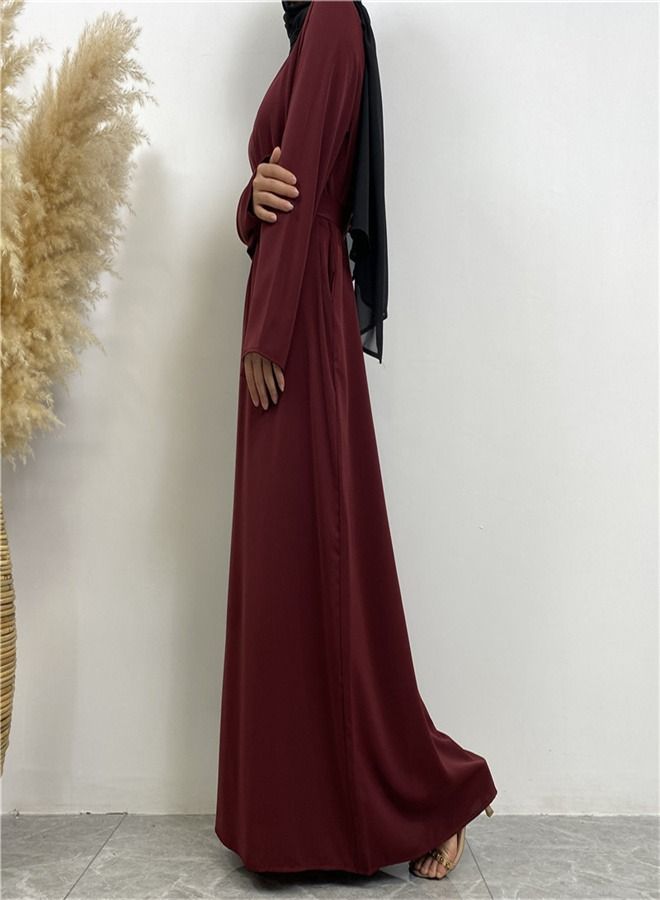 Loquat Lace-Up Pocket Muss Solid Color Dress Abaya Purplish Red  - Image 2