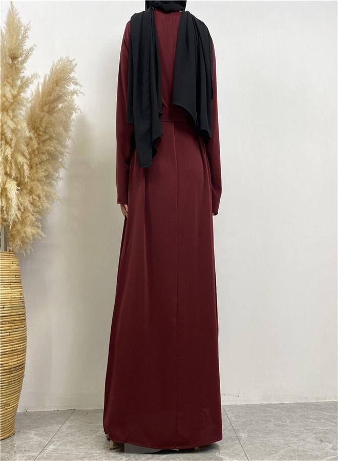 Loquat Lace-Up Pocket Muss Solid Color Dress Abaya Purplish Red  - Image 3