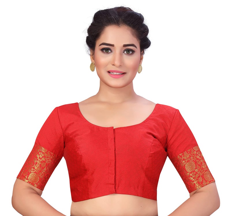 Studio Shringaar Women's Readymade Brocade Saree Blouse with Kanjivaram Border Elbow Length Sleeves(Red, 36) - Image 1
