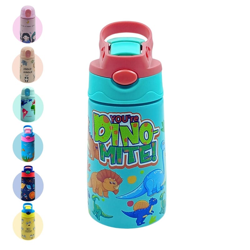 VOIK Kids Sipper Stainless Steel Water Bottle with Straw One Click Push Button To Open Colorful Design Insulated Hot and Cold up to 10 hours Double Wall Ideal for School Picnics 300 ml - Image 1