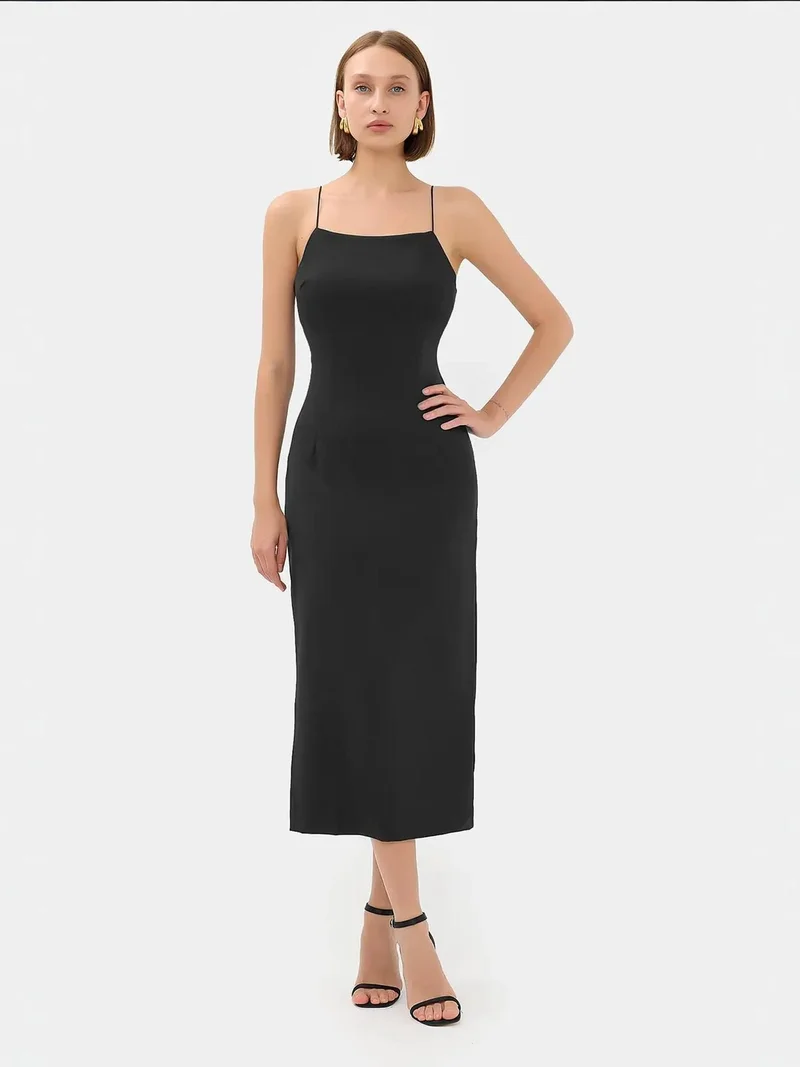 HICCUP Solid Spaghetti-Strap Midi Dress with Slit