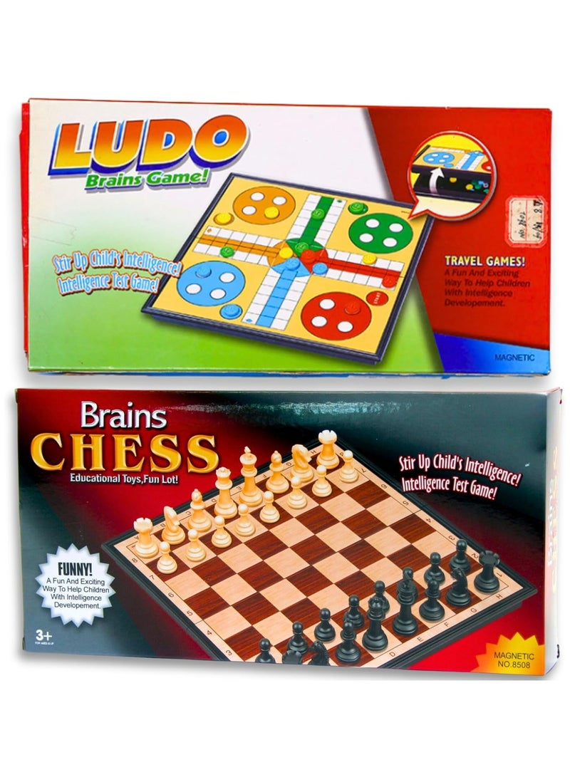 LUDO 2pcs Brain Chess & Ludo Board Game Set – Non-Magnetic Chess Set with Foldable Chess Board – Portable Folding Ludo and Chess Game for Kids & Adults – Travel-Friendly, Non-Magnetic Game Boards