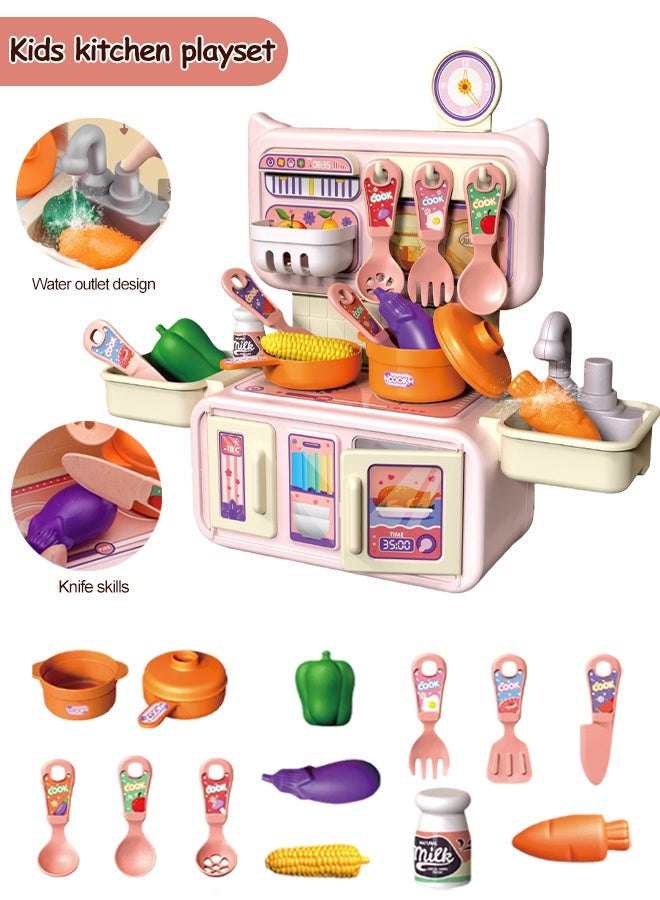 Kitchen Playset,Mini Tiny Kitchen to Play  for Toddlers 14pcs Plastic Pretend Kitchen playset for Cooking, , Kitchen Pretend Play Toy Set, Role Play Cookware Indoor DIY Toy Set, Imaginative Role Learning Toys, Toddler playset for Boys, Girls, Kids, Pink - Image 1